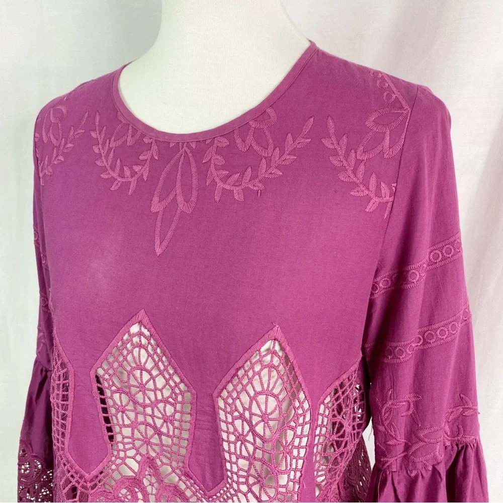 Anthropologie Chloe Oliver Purple Bell-Sleeve Lace Pullover Top Med